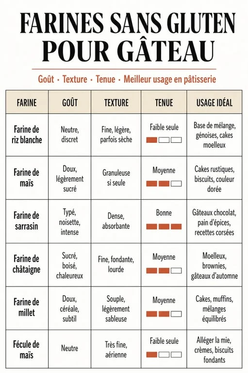 Quelle farine sans gluten pour gâteau : infographie comparative des farines adaptées aux gâteaux sans gluten