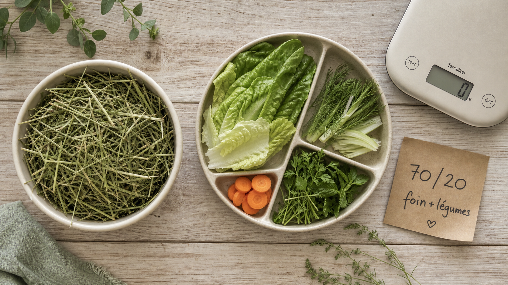 Legume lapin nain : foin en base et légumes occasionnels (100 g/kg/jour).