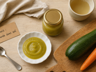 Legumes bebe 4 mois : purée lisse sans sel, courgette et cuillère