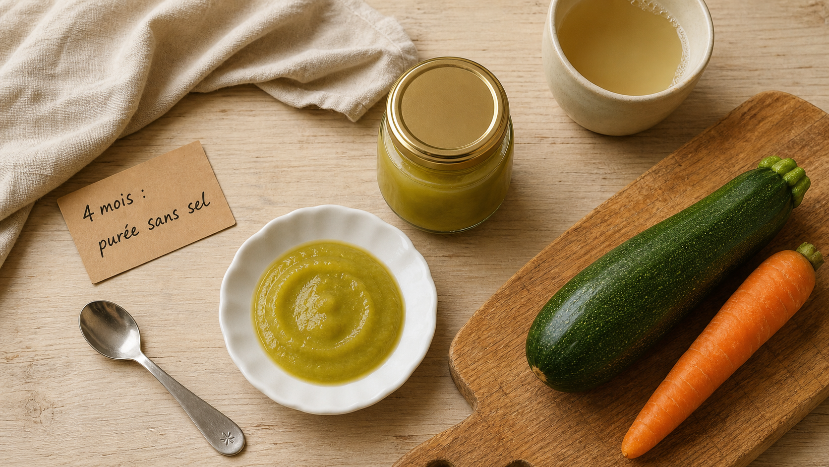 Legumes bebe 4 mois : purée lisse sans sel, courgette et cuillère