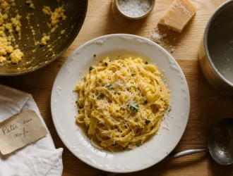 Pate aux oeuf recette : pâtes fraîches aux œufs brouillés, parmesan et herbes