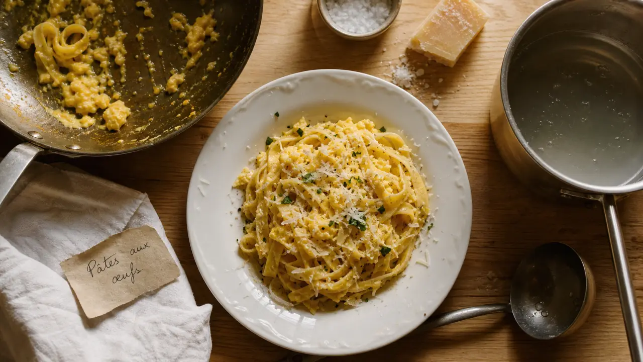 Pate aux oeuf recette : pâtes fraîches aux œufs brouillés, parmesan et herbes