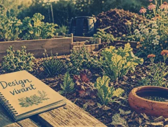 La permaculture au potager : sol paillé, jeunes plants associés et récupérateur d’eau