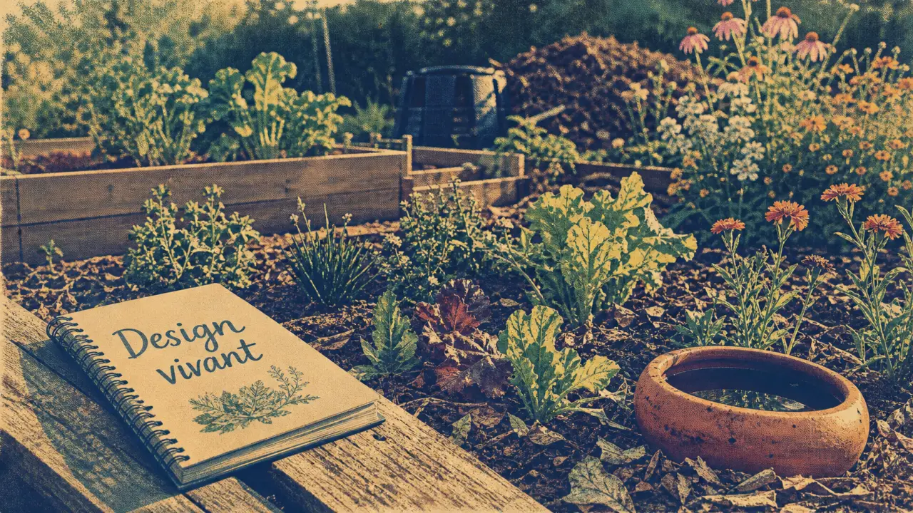 La permaculture au potager : sol paillé, jeunes plants associés et récupérateur d’eau