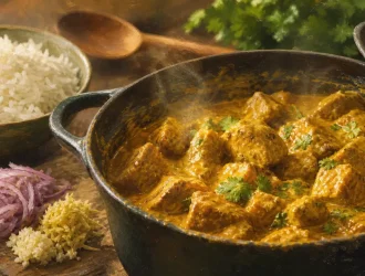 Recette sauté de porc curry : porc en sauce coco, cuisson lente, cocotte en fonte.