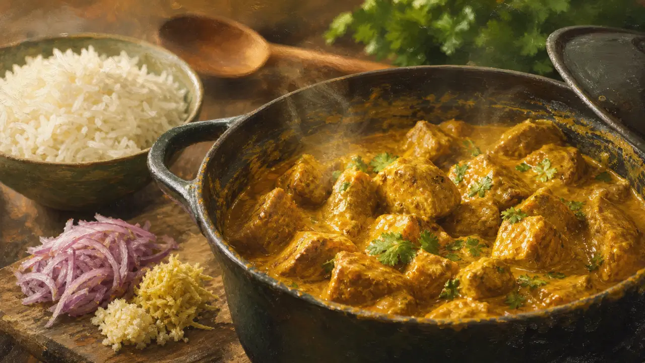 Recette sauté de porc curry : porc en sauce coco, cuisson lente, cocotte en fonte.