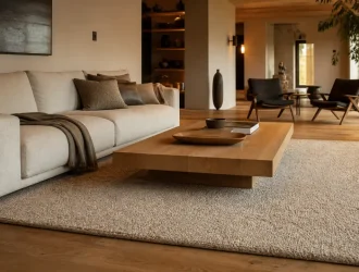 Tapis dans salon sous canapé, débord ~30 cm, parquet et table basse
