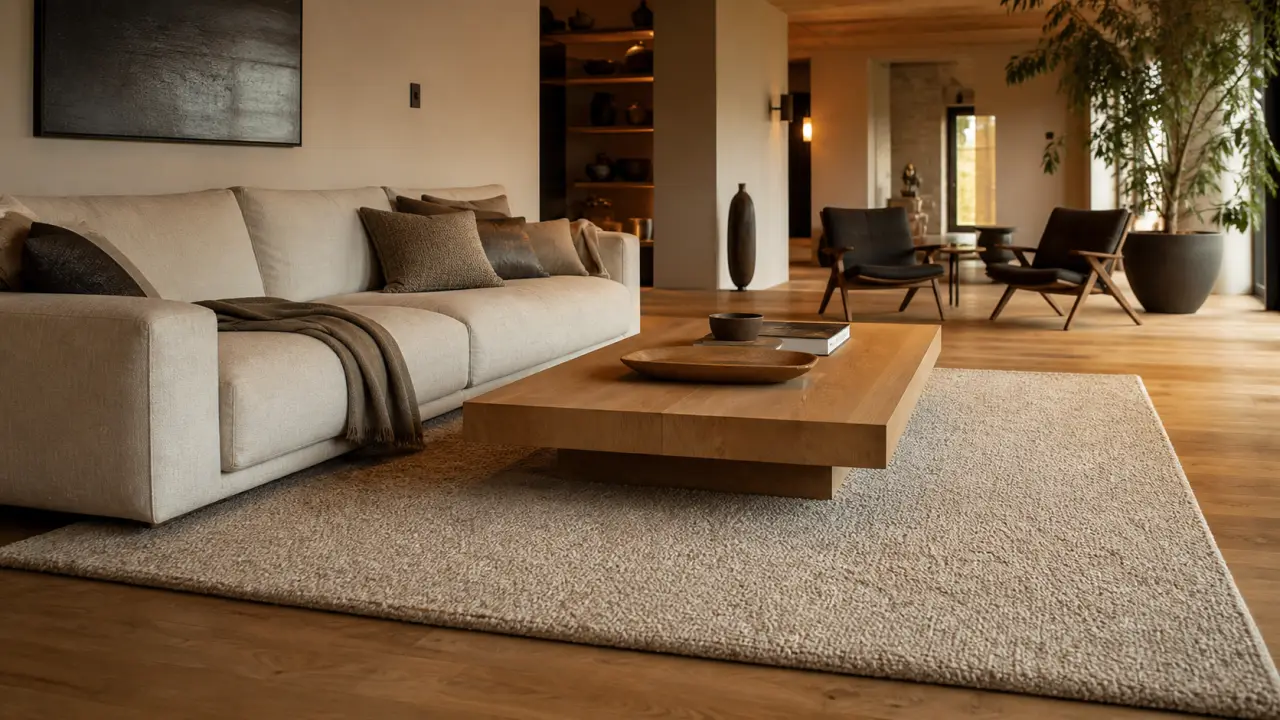 Tapis dans salon sous canapé, débord ~30 cm, parquet et table basse