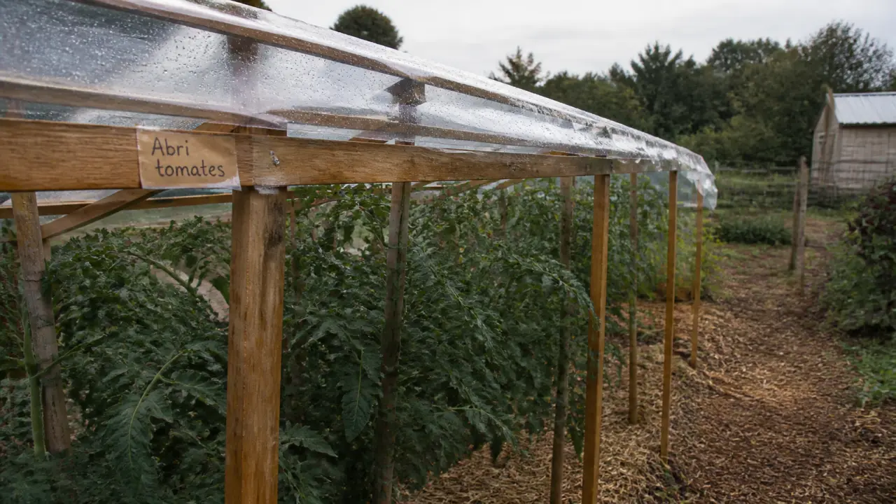 Abri tomates fait maison, feuillage sec sous toit ouvert