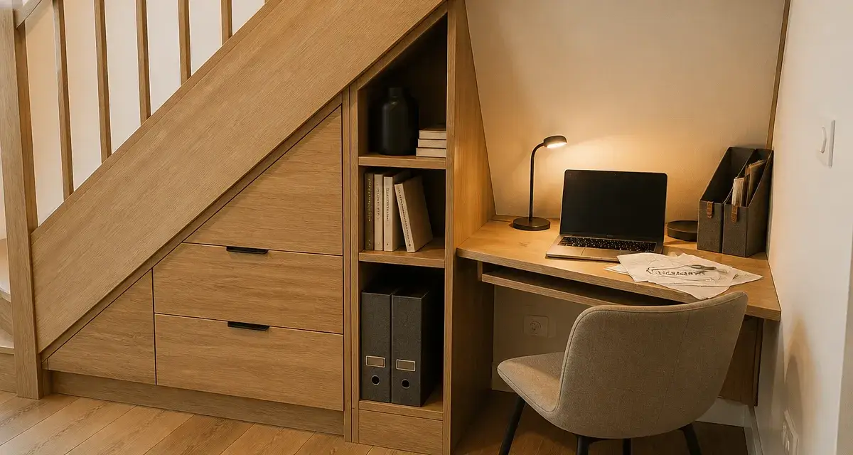 Aménager sous un escalier : bureau discret pour rangement et travail