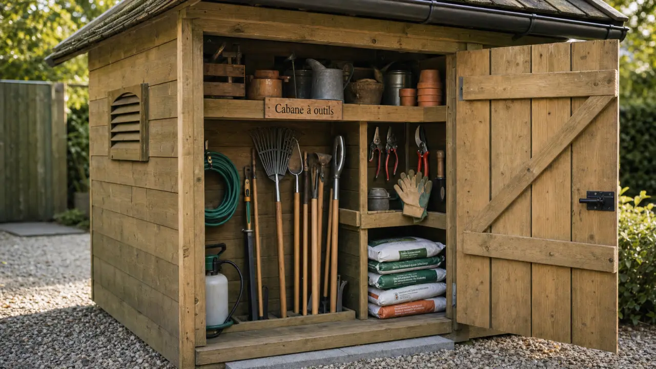 Cabane à outil de jardin en bois, métal ou résine, rangement d’outils
