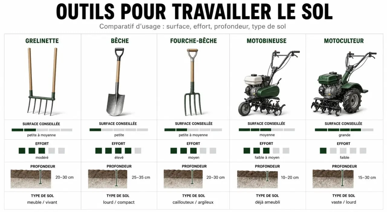 Outil pour retourner la terre : comparatif visuel des outils de jardinage selon le sol et la surface