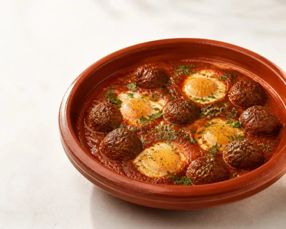 Recette kefta marocaine servie en sauce tomate avec œufs dans un plat traditionnel