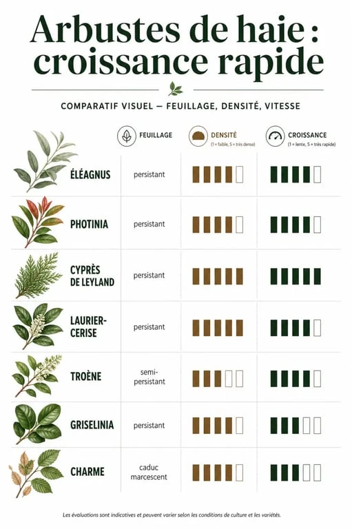 Arbuste pour haie croissance rapide : comparaison visuelle des espèces les plus utiles
