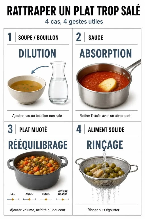 Comment rattraper un plat trop salé selon le type de préparation