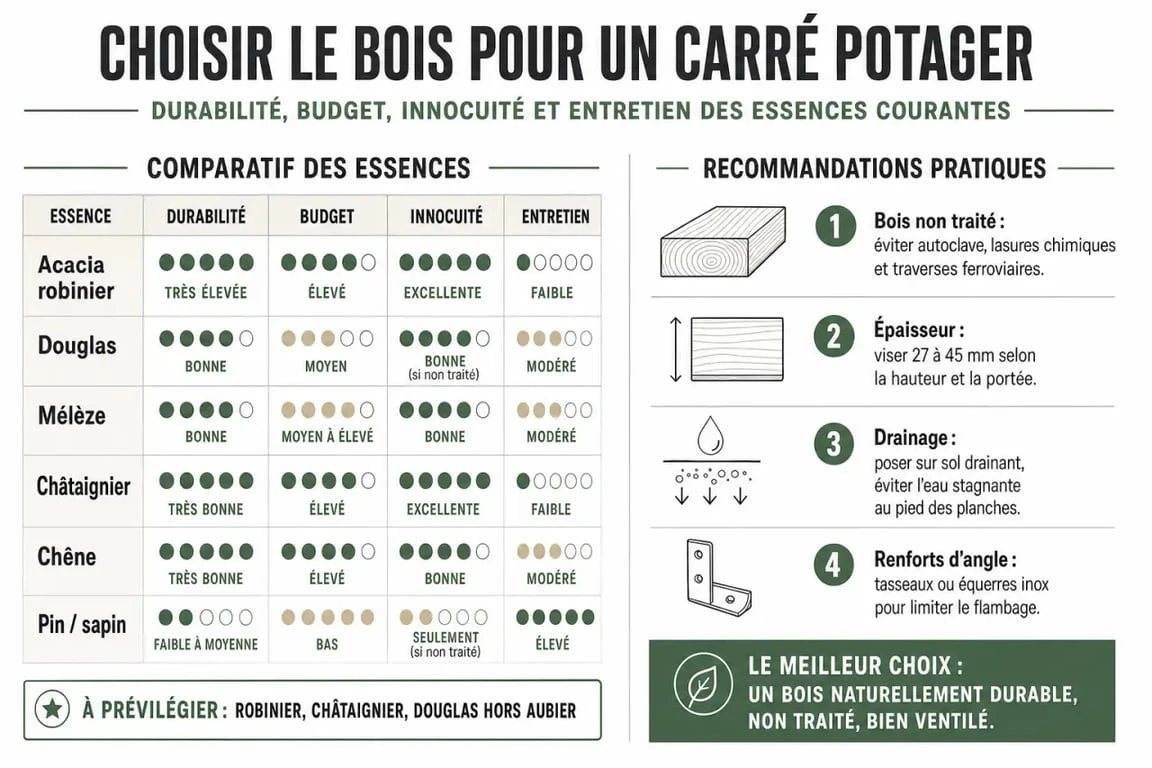 Infographie sur quel bois pour un carré potager avec comparaison des essences et conseils pratiques