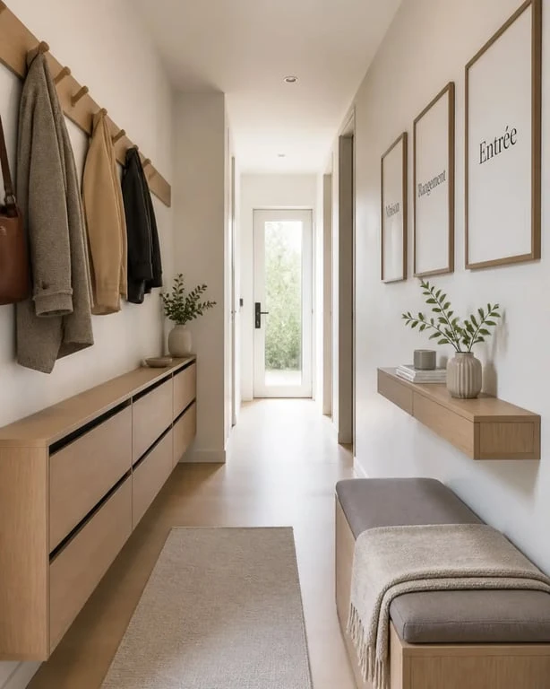 Idée déco couloir long et étroit avec rangements muraux fins et décoration légère