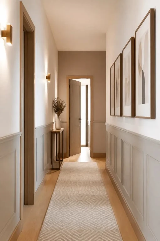 Idée déco couloir long et étroit avec mur du fond coloré, soubassement et galerie de cadres