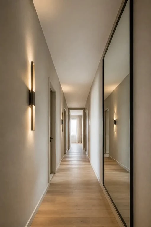 Idée déco couloir long et étroit avec miroir mural et éclairage réparti pour agrandir visuellement l’espace