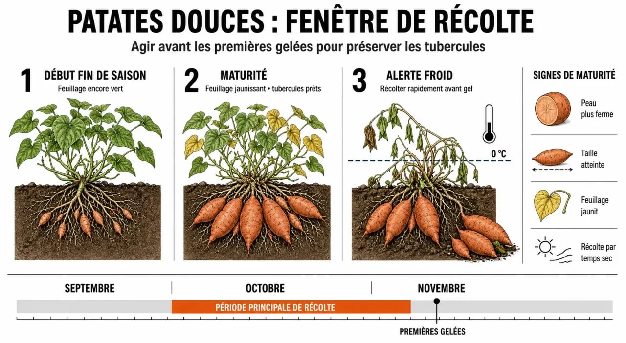 Quand récolter les patates douces : fenêtre de récolte avant gel, signes de maturité et calendrier de fin de saison