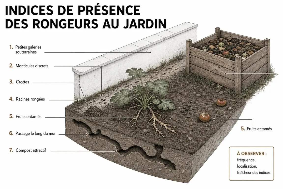Indices de présence des rongeurs du jardin : galeries, crottes et racines rongées