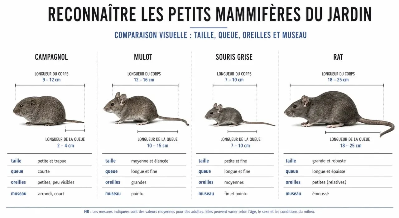 Comparaison des rongeurs du jardin pour reconnaître campagnol, mulot, souris grise et rat