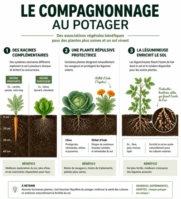 Infographie sur les principes de l'association de plantes au potager pour une meilleure productivité