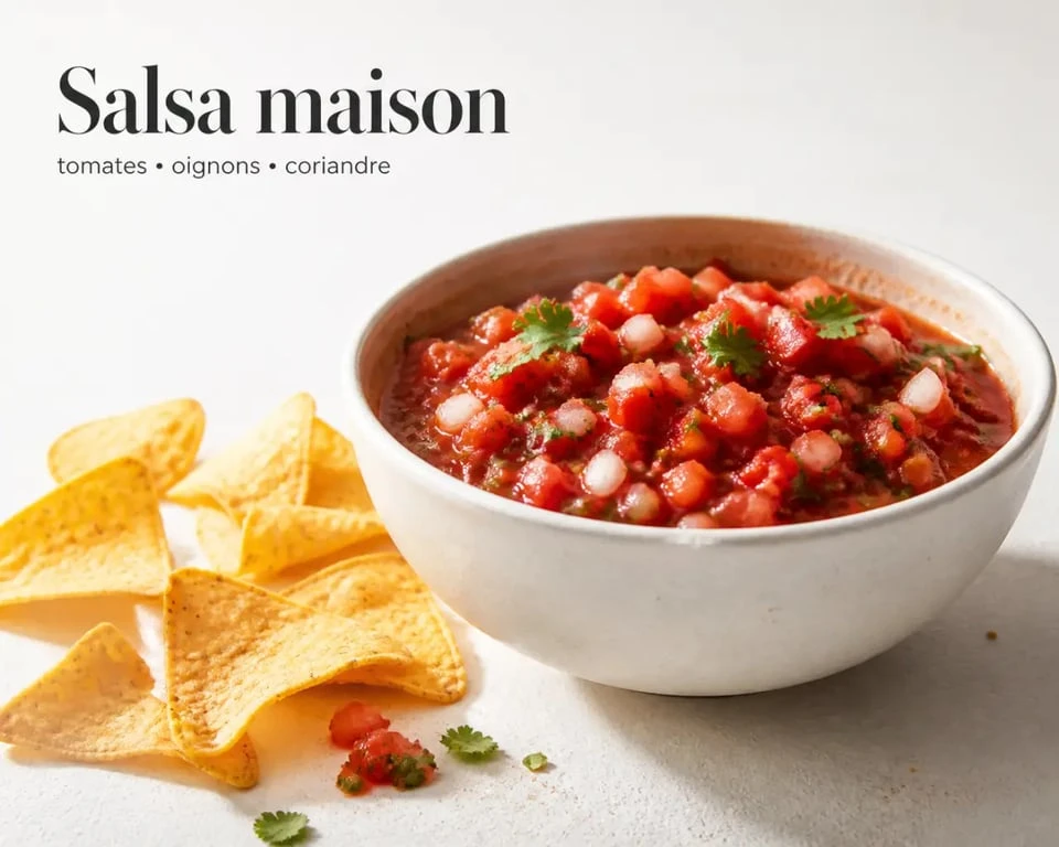 Recette sauce salsa maison servie dans un bol avec chips de maïs