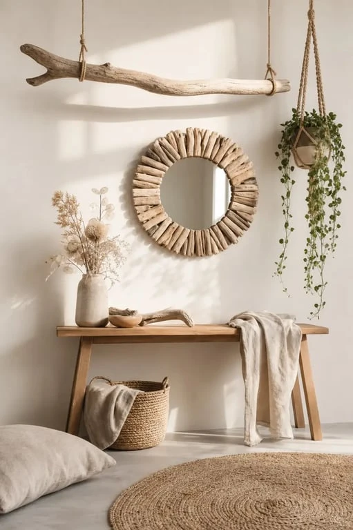 Idées déco bois flotté ambiance nature dans un salon chaleureux avec miroir rond, plantes et matières naturelles