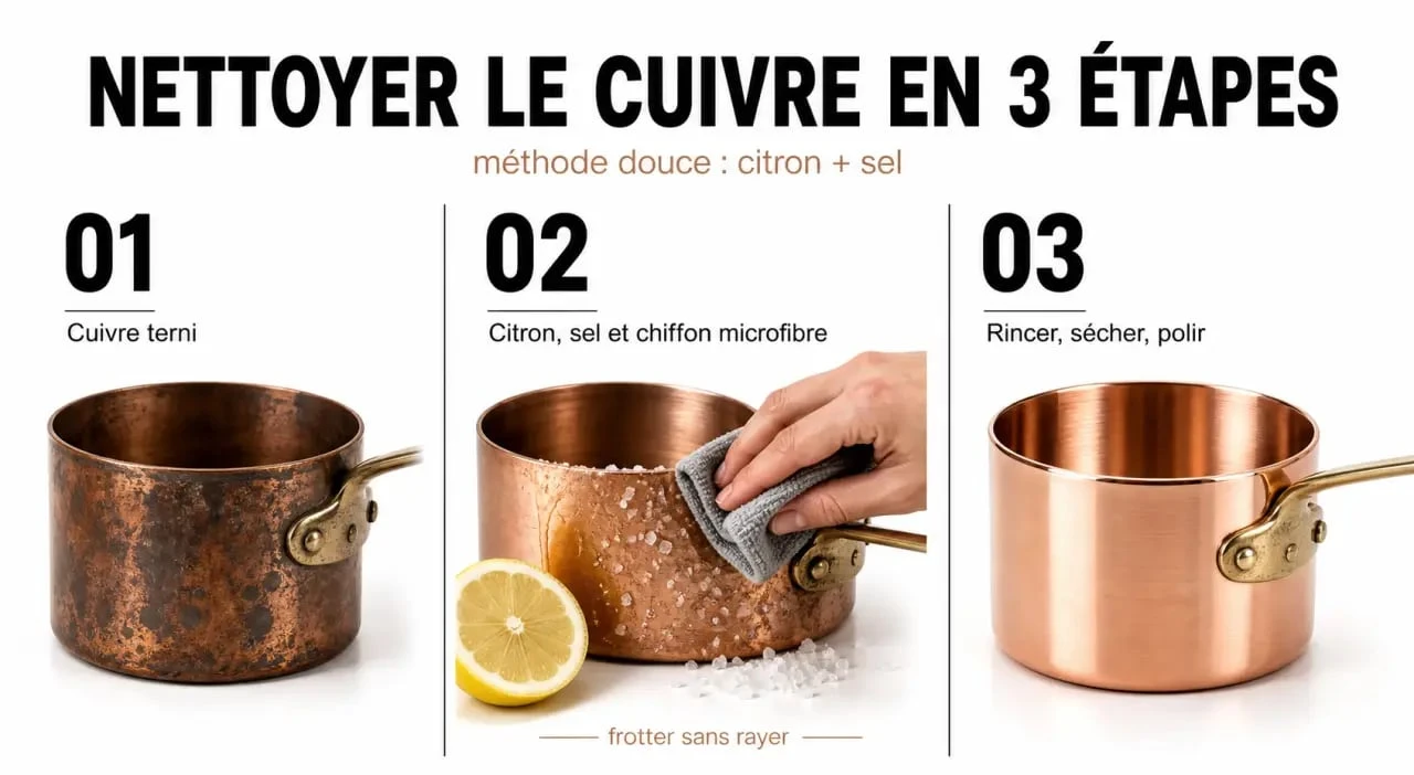 Nettoyage cuivre en trois étapes avec résultat avant-après sur un objet terni
