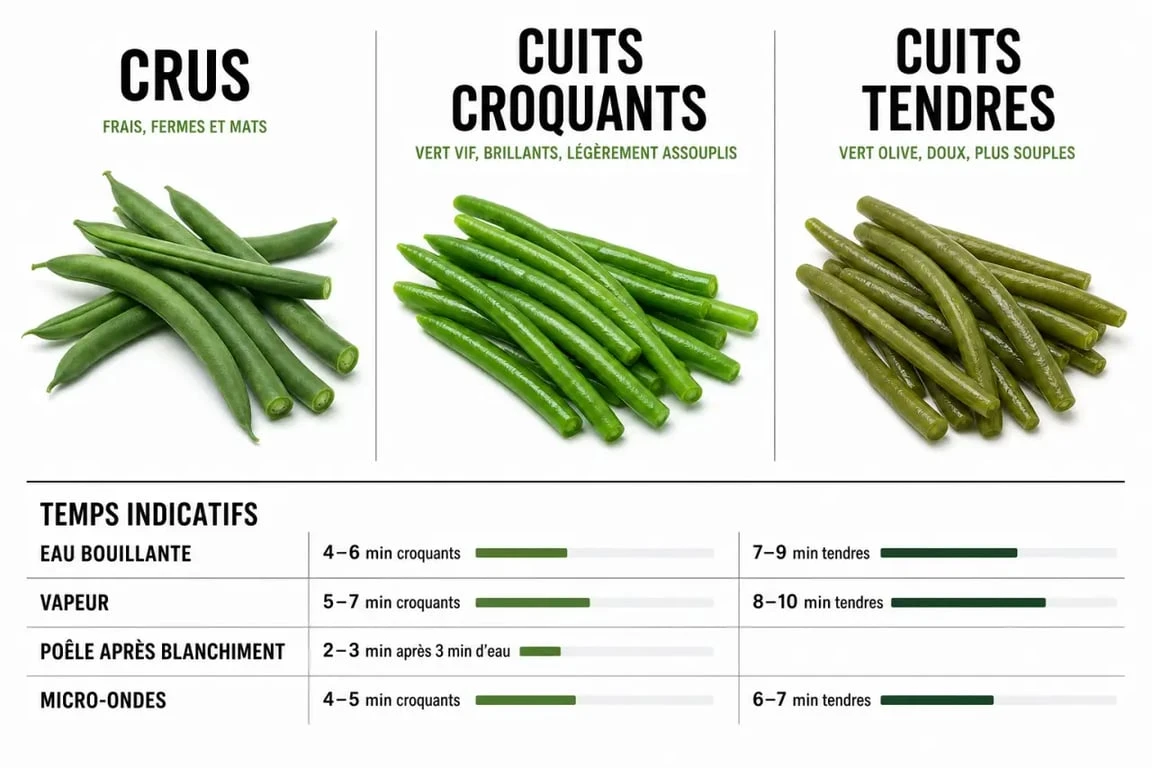 Cuisson haricot vert frais : infographie visuelle des temps de cuisson selon la méthode