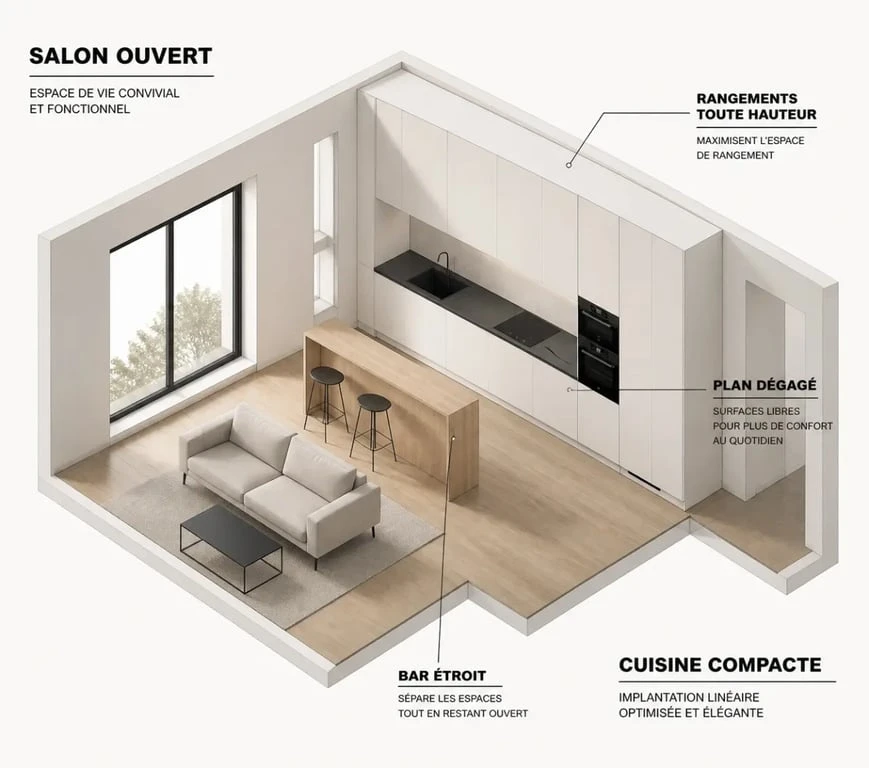 Petit salon ouvert cuisine avec bar étroit et rangements optimisés