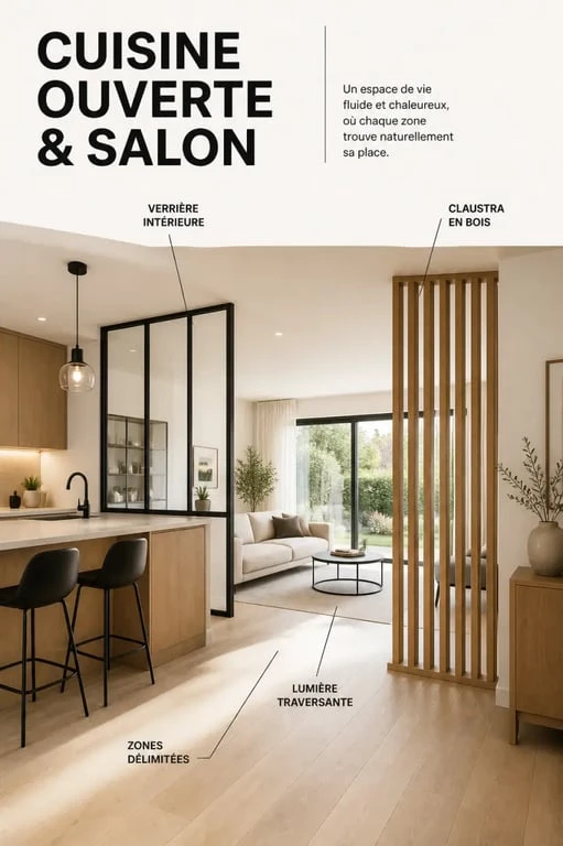 Salon ouvert cuisine séparé par une verrière et un claustra