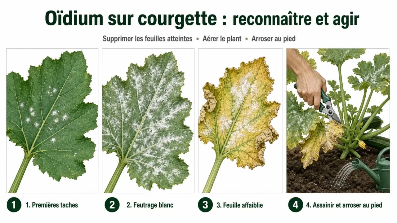 Traitement oïdium courgette : évolution des symptômes sur feuille et gestes de prévention
