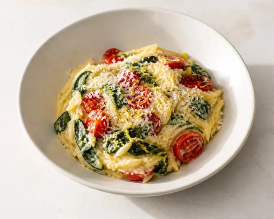 Recette orzo crémeuse servie dans une assiette avec tomates cerises, épinards et parmesan