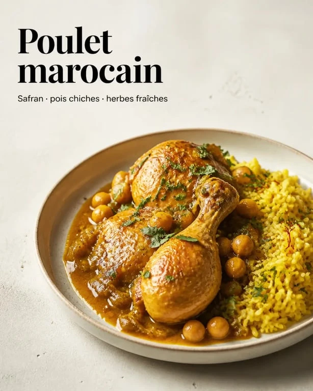 Recette au poulet marocain servie avec riz au safran, poulet doré, sauce onctueuse et pois chiches fondants