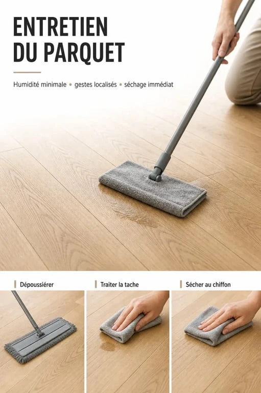 Nettoyer du parquet : serpillière microfibre bien essorée sur parquet en bois clair