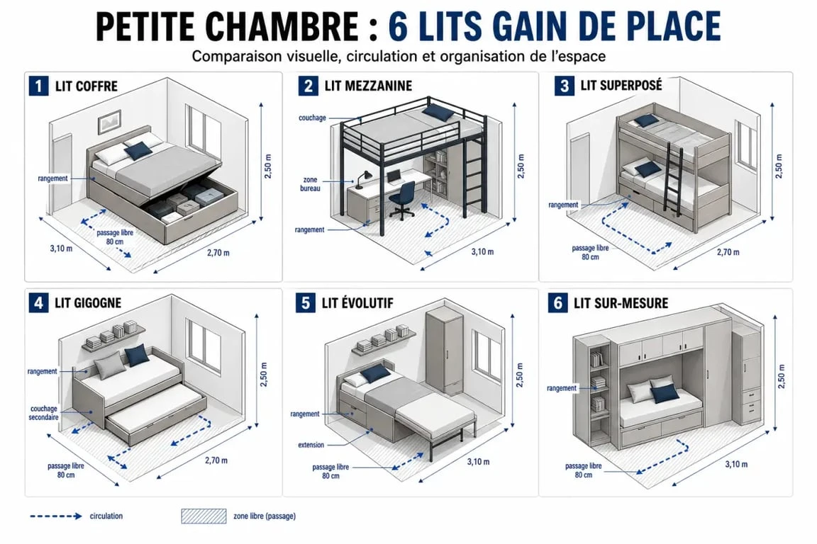 Lit pour petit chambre : comparaison visuelle des principaux lits gain de place dans une petite chambre