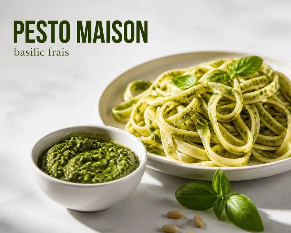 Recette pour pesto basilic maison servi dans un bol avec des pâtes fraîches
