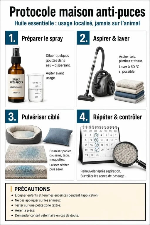Huile essentielle anti puce maison : protocole visuel pour traiter le panier, les coussins, les tapis et les précautions d’usage