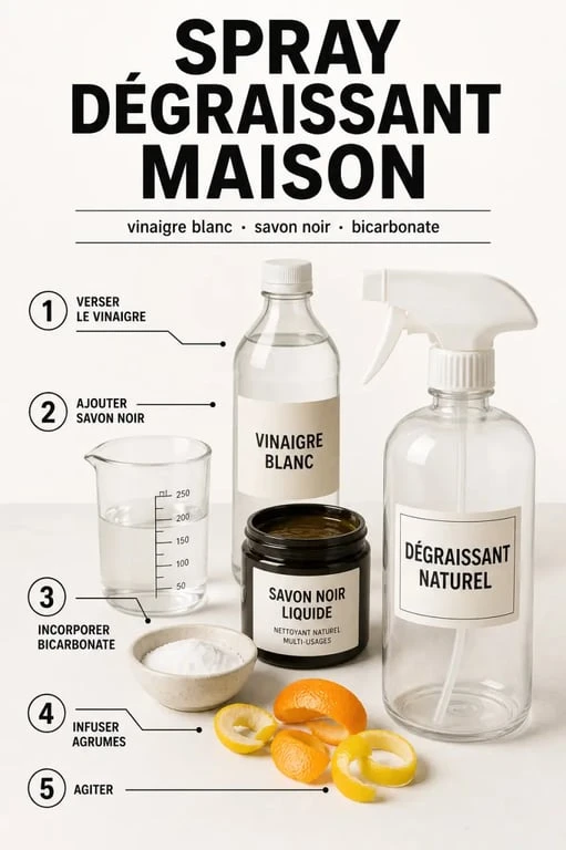 Dégraissant naturel : préparation d’un spray maison avec vinaigre, savon noir et bicarbonate