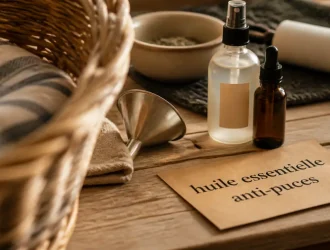 Huile essentielle anti puce maison : vaporisateur près du panier et litière