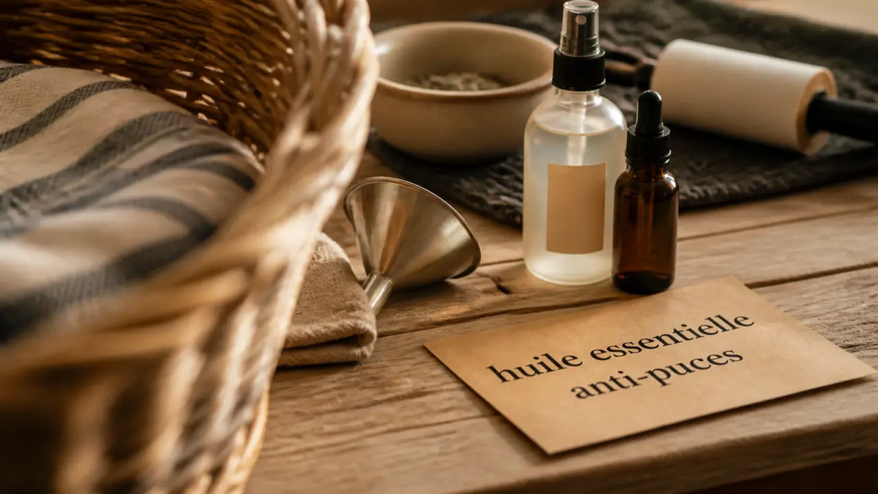 Huile essentielle anti puce maison : vaporisateur près du panier et litière