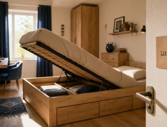 Lit pour petit chambre : lit coffre avec rangement en bois clair