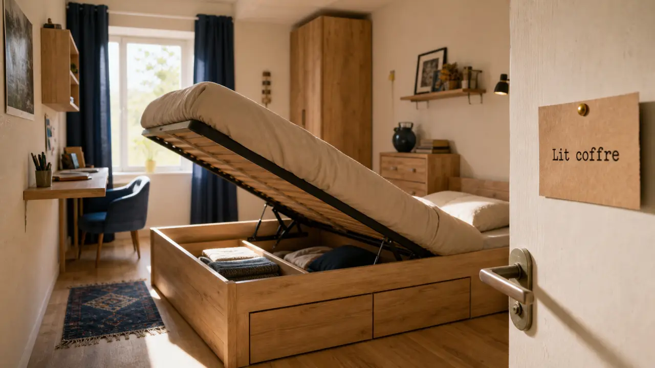 Lit pour petit chambre : lit coffre avec rangement en bois clair