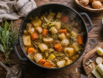 Potée de légumes maison fumante en cocotte en fonte