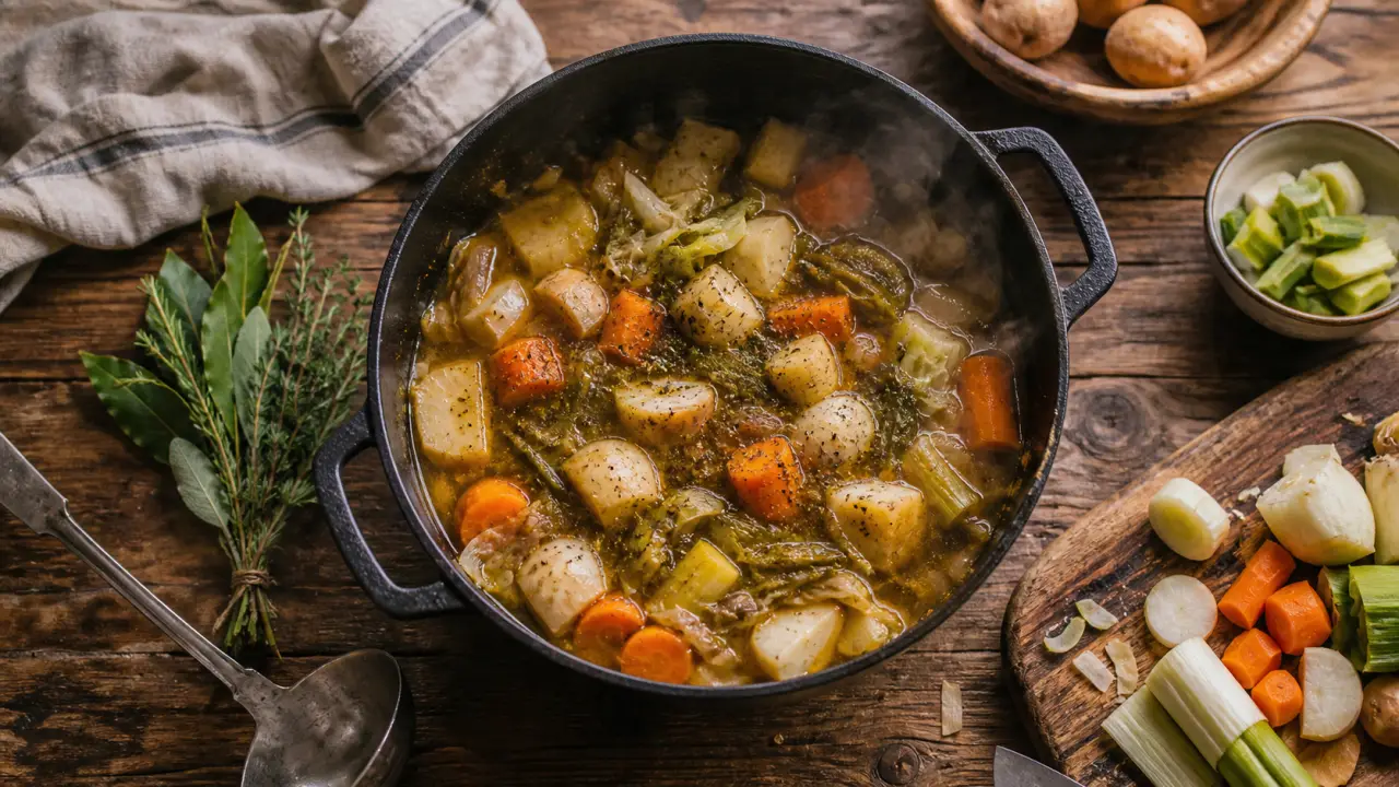 Potée de légumes maison fumante en cocotte en fonte
