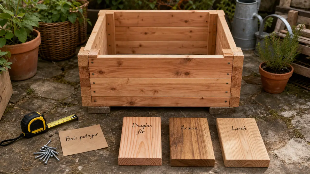 Quel bois pour un carré potager : douglas et acacia, planches bois et mètre ruban