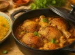 Recette au poulet marocain en cocotte, riz au safran et pois chiches, poulet doré