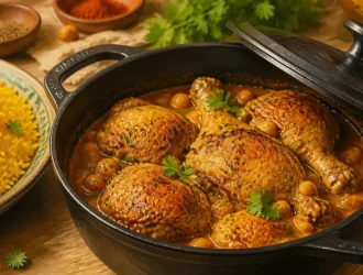 Recette au poulet marocain en cocotte, riz au safran et pois chiches, poulet doré